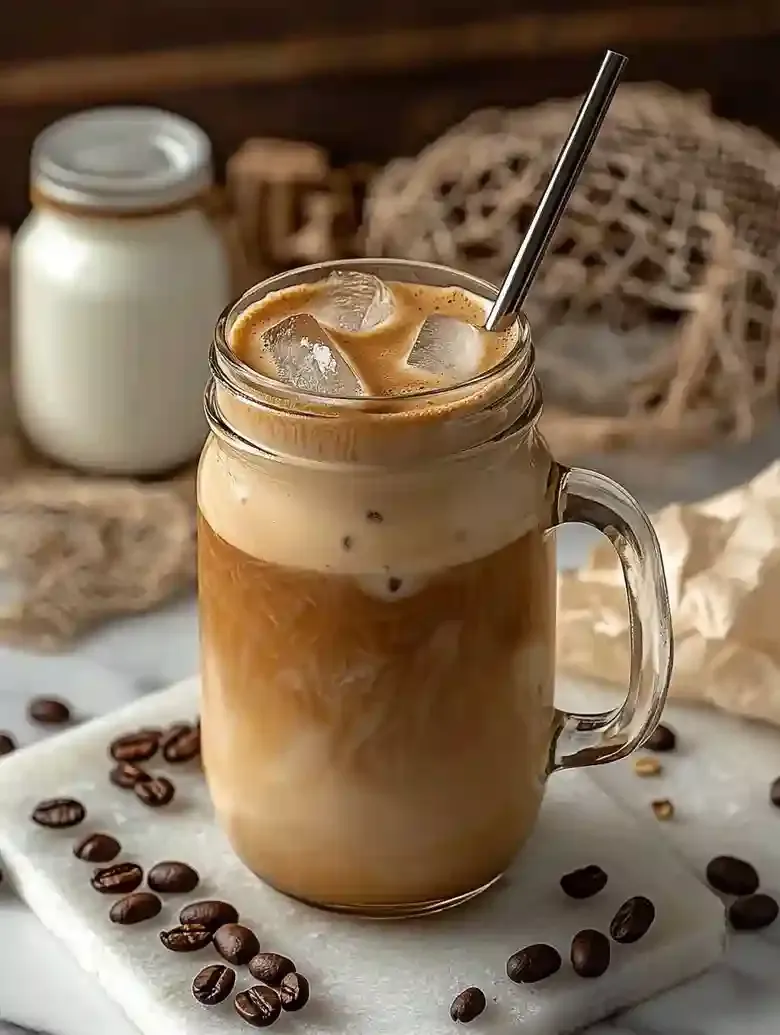 Iced oat milk latte in a glass with a frothy top and coffee beans.