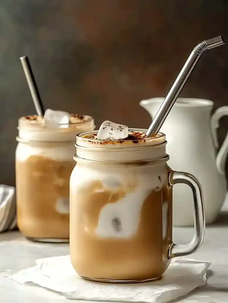 Layered beverage in mason jar with ice, frothy top, and metallic straw.