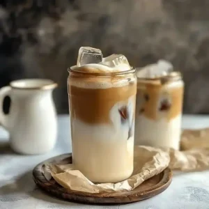 Iced oat milk latte in a glass with froth and ice cubes on marble tray.