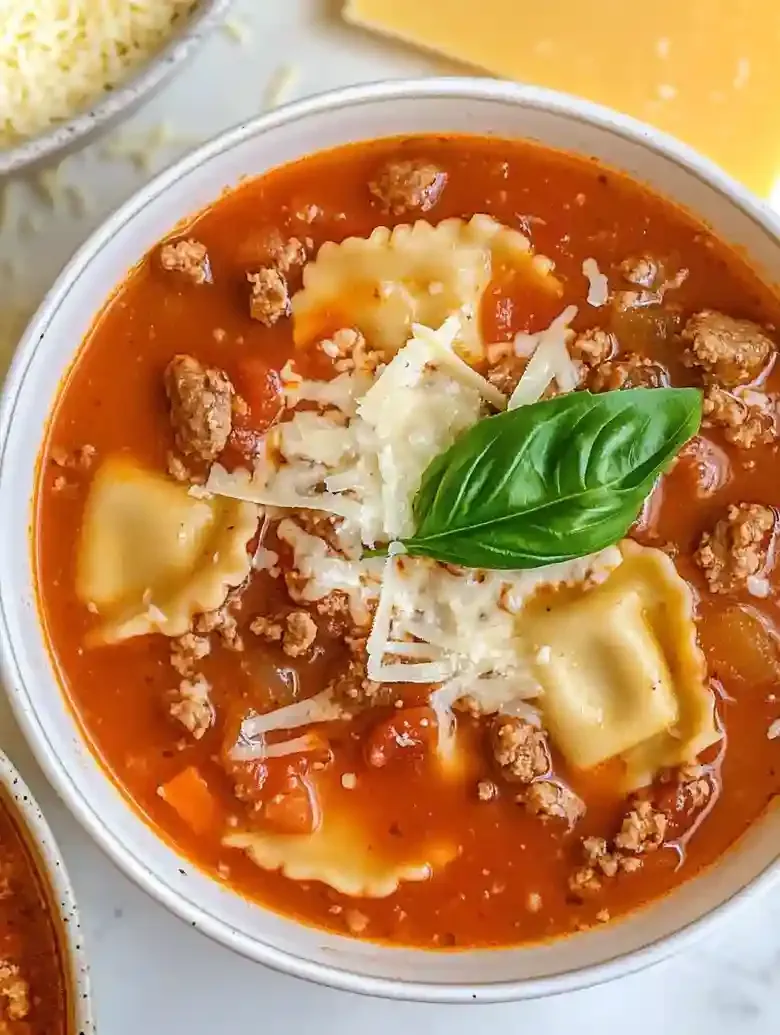 Bowl of sausage ravioli soup garnished with cheese and basil leaf.