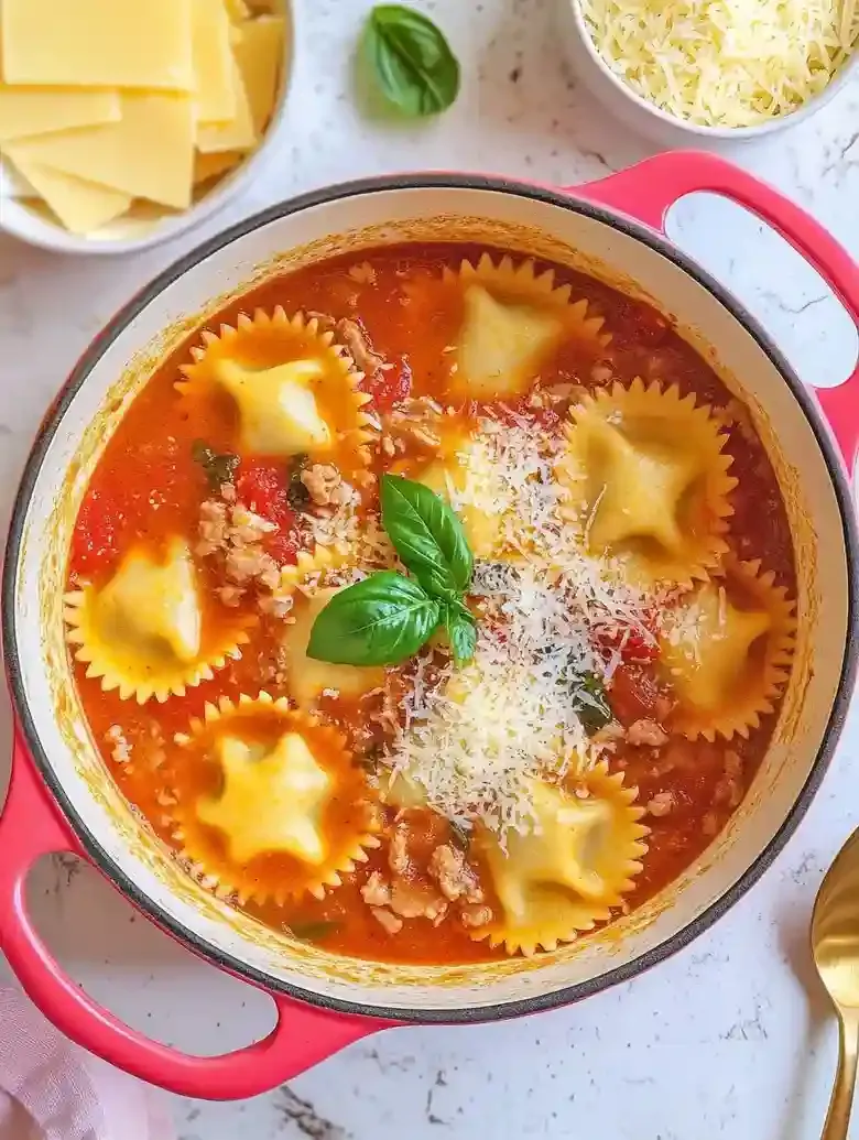 Sausage ravioli soup in pot, garnished with basil and grated cheese.