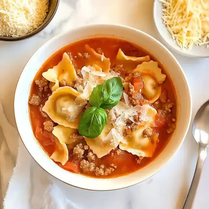 White ceramic bowl of sausage ravioli soup garnished with Parmesan and basil.