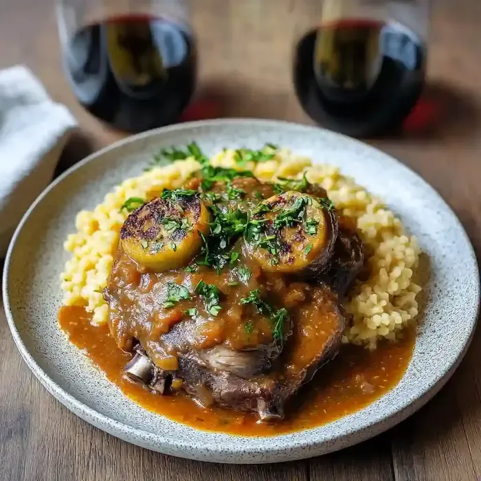 Ossobuco Milanese with veal shank, sauce, and parsley on marble table.