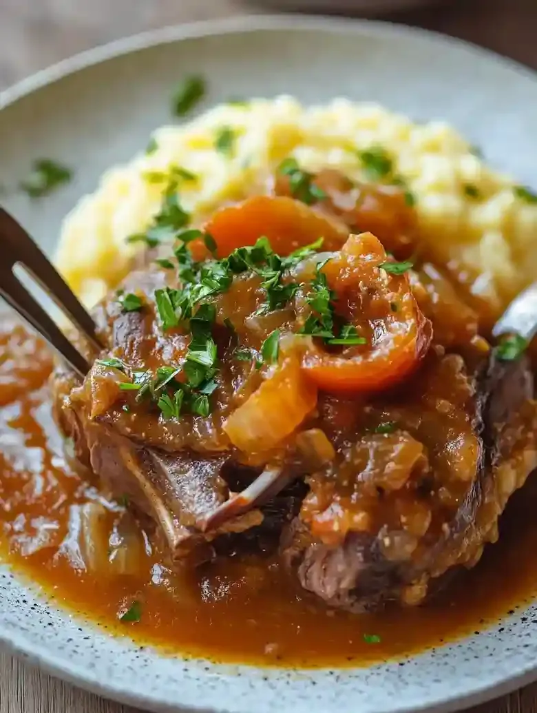 Braised veal shank with sauce, parsley, and polenta on marble surface.