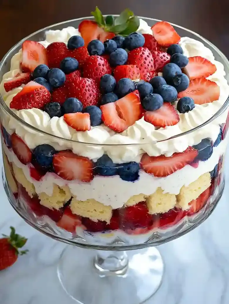 Trifle bowl with yellow cake, cheesecake pudding, strawberries, and blueberries.