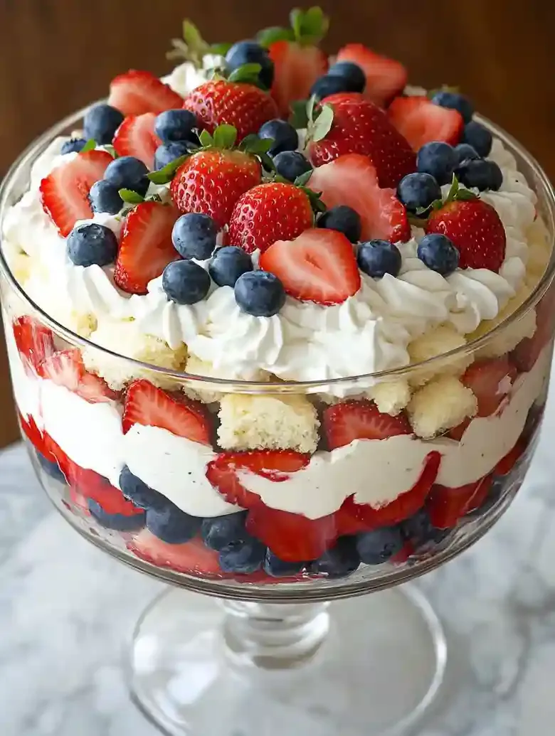 Layered dessert in glass bowl with strawberries, pudding, and whipped cream.