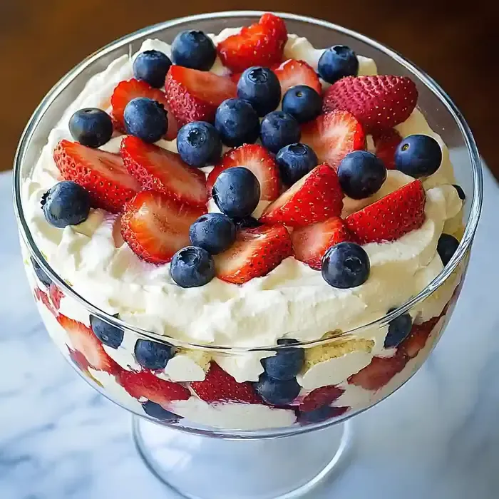 Trifle bowl layered with whipped cream, pound cake, strawberries, and blueberries.