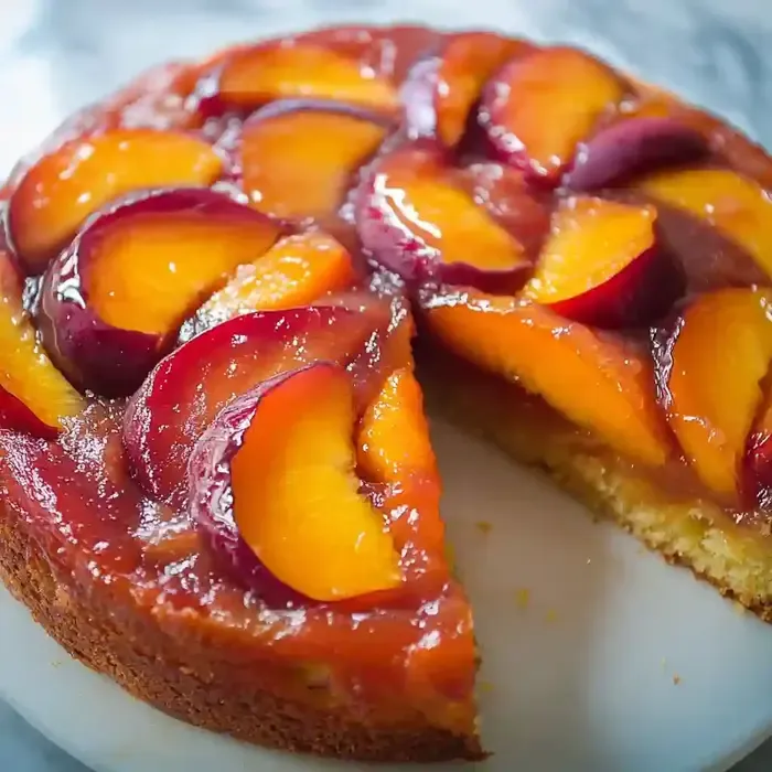 Peach plum upside-down cake with caramelized fruit on a marble surface.