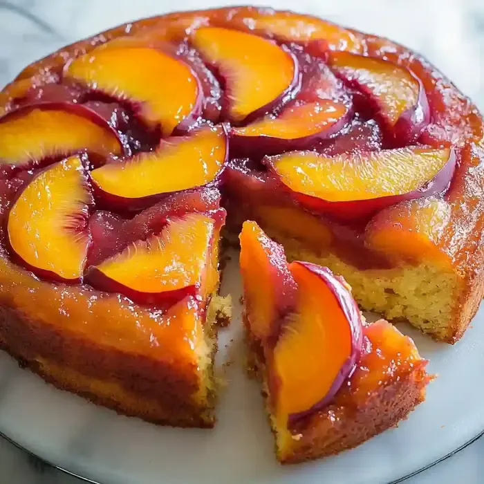 Peach plum upside down cake with caramelized fruit, slice removed.