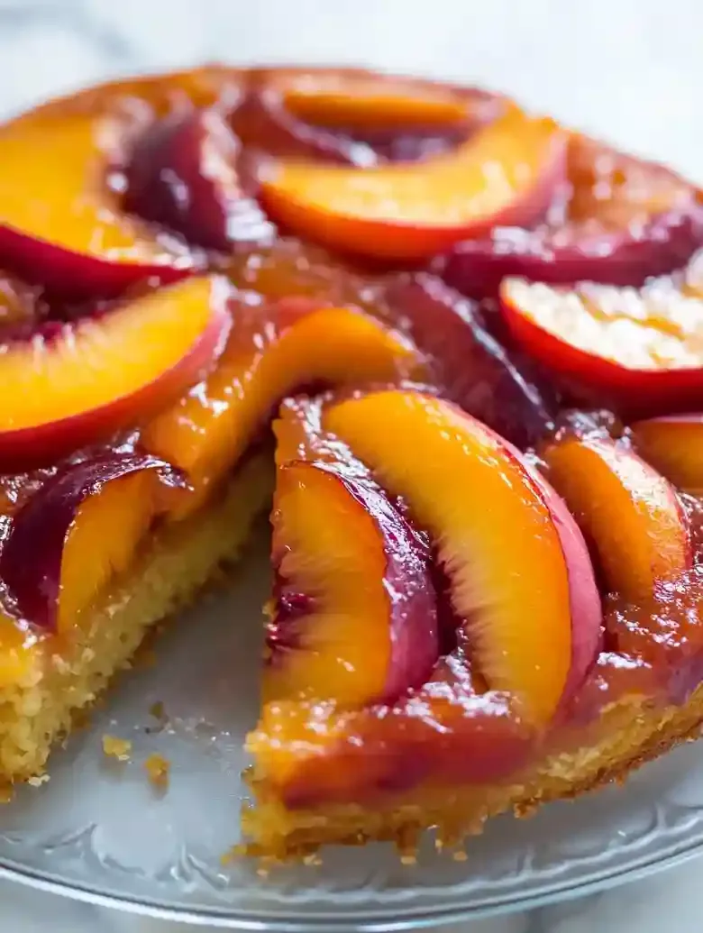 Peach plum upside-down cake on glass plate, glossy caramelized topping.