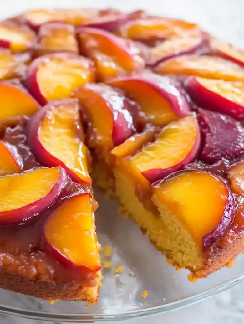 Peach plum upside-down cake on glass plate, glossy caramelized fruit topping.
