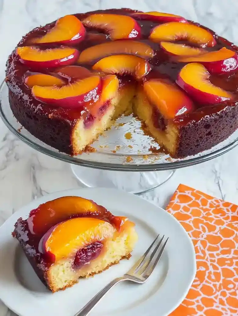 Peach plum upside-down cake on a glass stand with a slice on a plate.