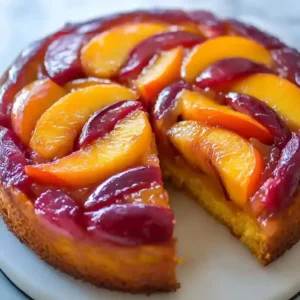 Peach plum upside-down cake on marble surface, with a slice removed.