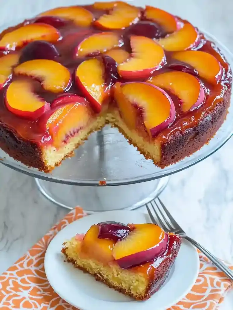 Peach plum upside-down cake on a glass stand, slice on a plate.