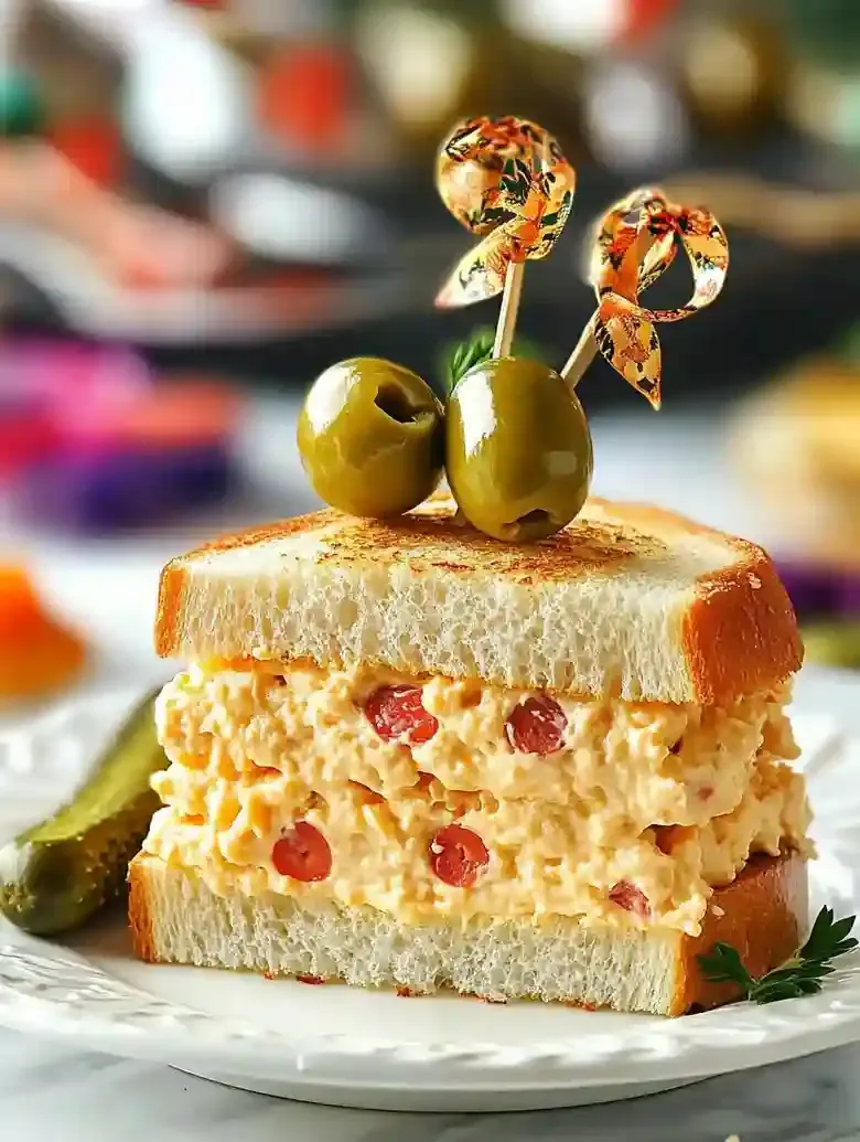 Pimento cheese sandwich on a plate with pickles and a decorative skewer.