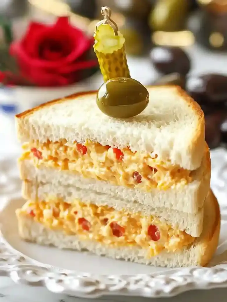 Triangular pimento cheese sandwich on decorative plate with garnishes.