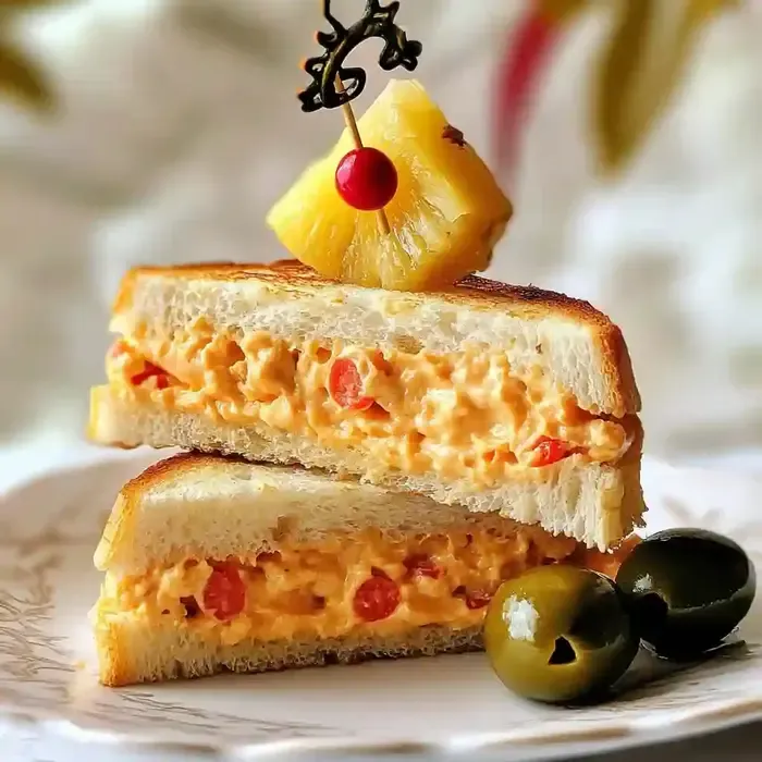 Pimento cheese sandwich cut in half with a toothpick garnish and pickles.