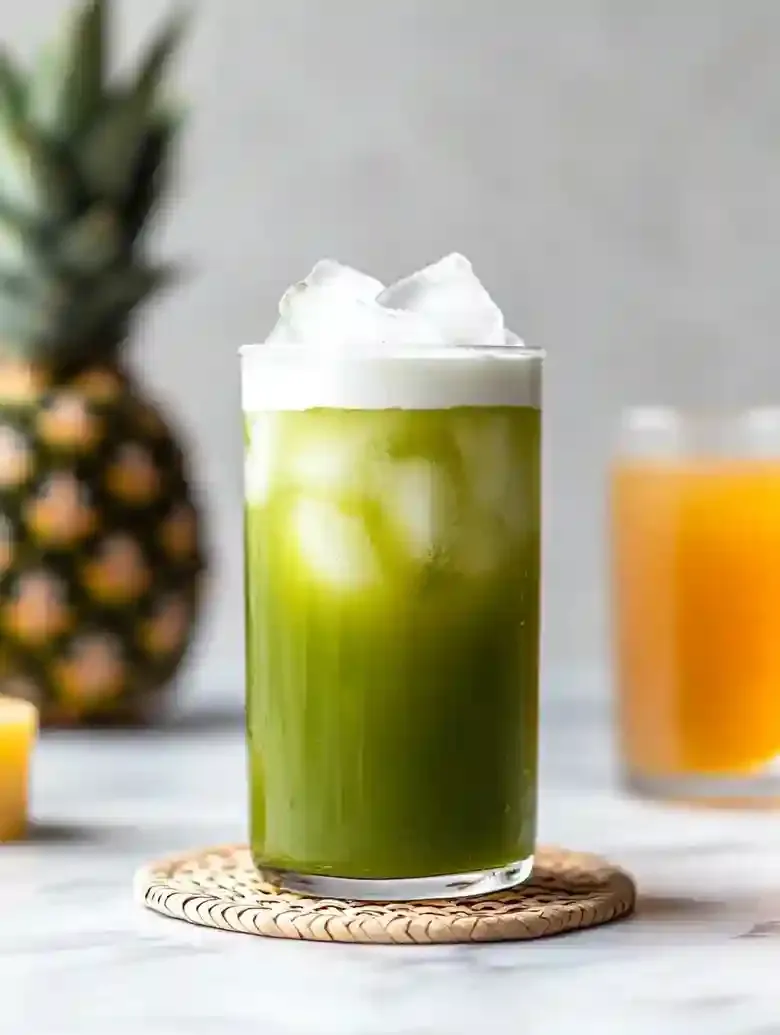 Green iced drink with coconut milk on a woven coaster, pineapple in view.