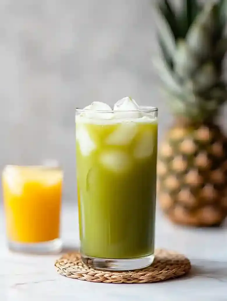 Green iced drink and yellow juice glass on a marble surface with pineapple.