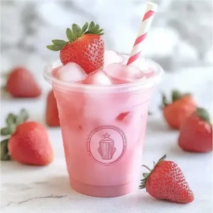 Plastic cup with vibrant drink, ice, and strawberry slices on marble.