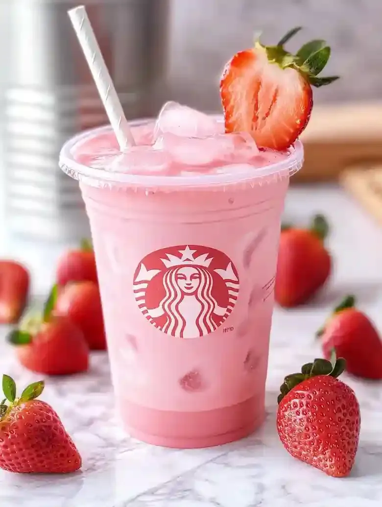 Plastic cup with beverage and strawberry slices, ice, and striped straw.