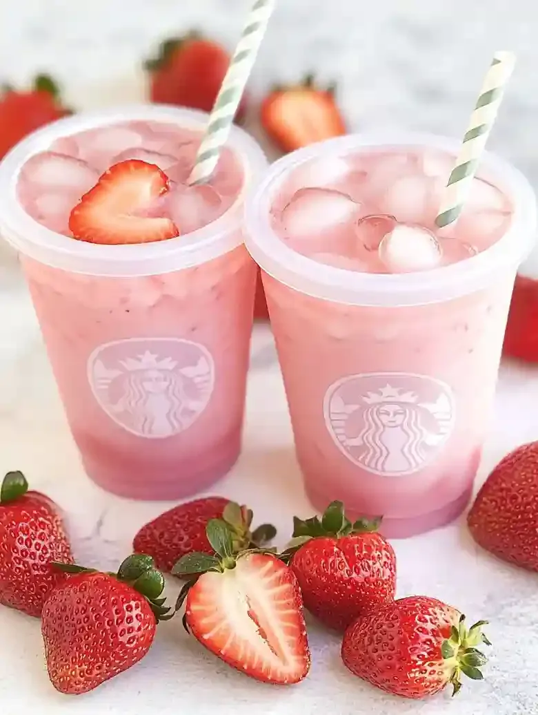 Two cups with ice and strawberries on a marble surface, logo visible.