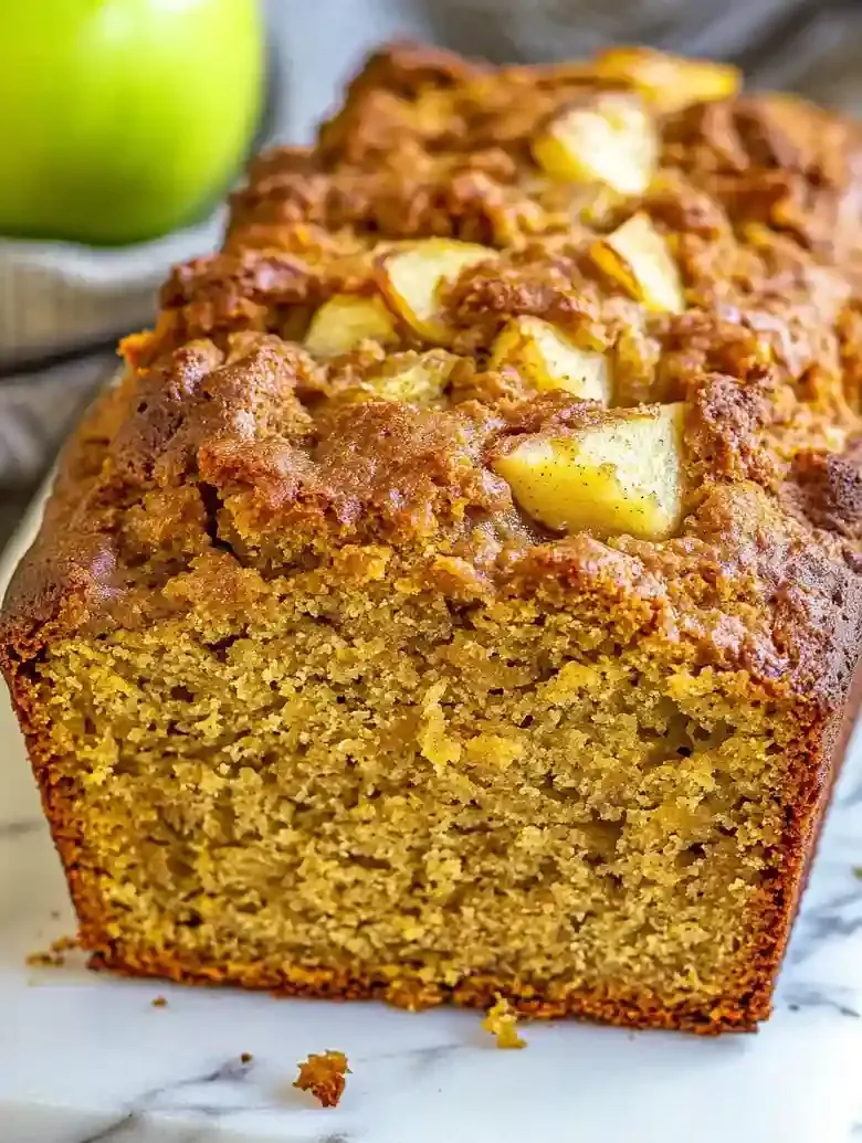 Freshly baked pumpkin apple loaf on marble surface, partially sliced.