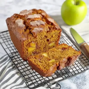 Pumpkin apple loaf on a cooling rack, sliced with green apple and knife nearby.