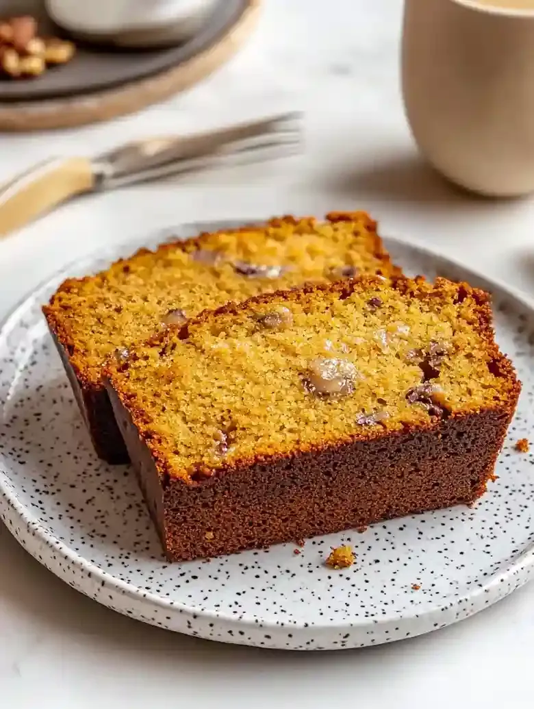 Brown butter pumpkin bread slices on a white plate with utensils.
