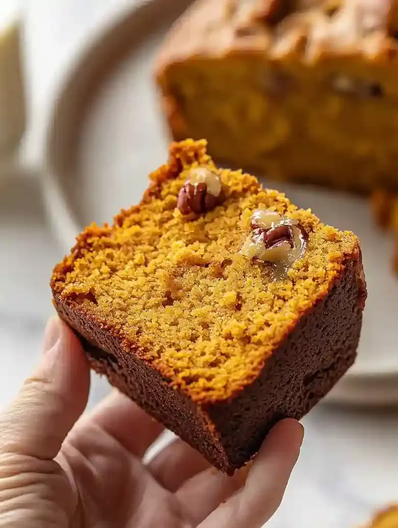Hand holding a slice of brown butter pumpkin bread with pecans.