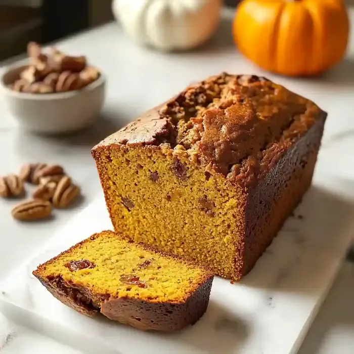 Golden-brown pumpkin bread on marble surface with sliced interior and pecans.