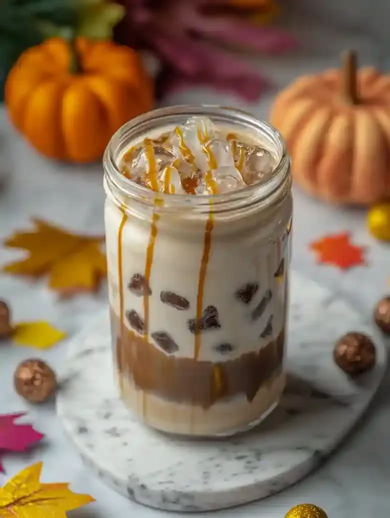 Mason jar with layered Pumpkin Caramel Macchiato and caramel drizzle.