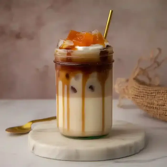 Layered drink in glass jar on marble surface with golden spoon.