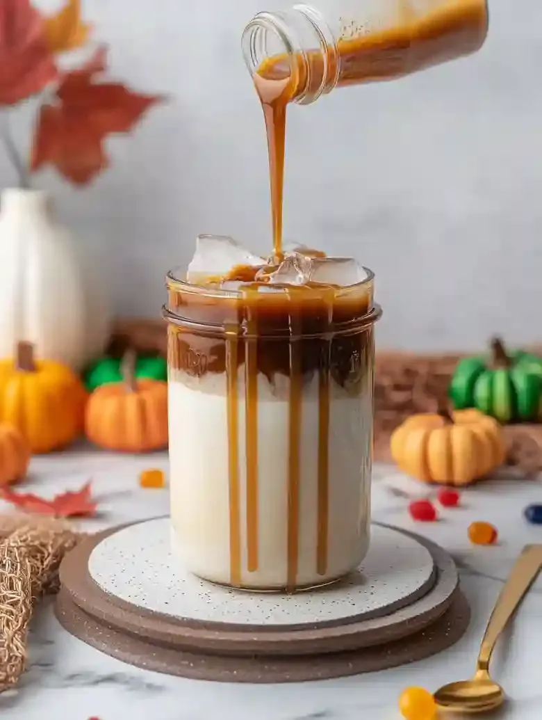 Layered pumpkin caramel drink in jar, drizzled with caramel, autumn decor.