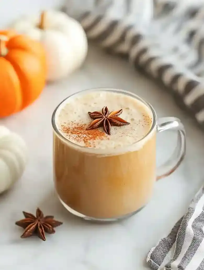 Glass mug of pumpkin chai latte with star anise, surrounded by pumpkins.