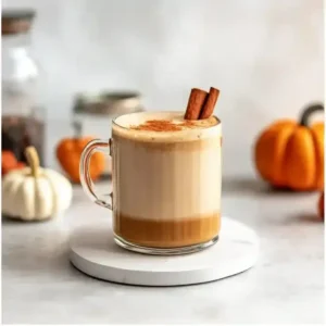 Warm beverage in a glass mug with a cinnamon stick on a white coaster.