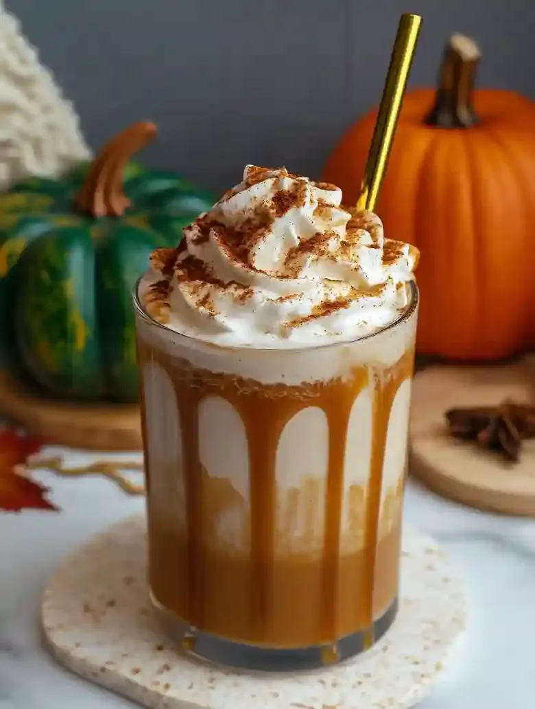 Pumpkin cheesecake latte in a glass with whipped cream and caramel drizzle.
