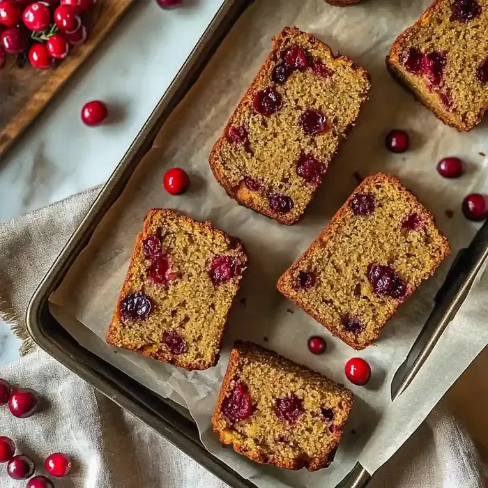 Rectangular slices of pumpkin cranberry loaf on parchment tray, with cranberries.