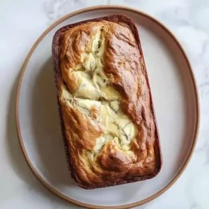 Golden-brown cream cheese banana bread on a light ceramic plate.
