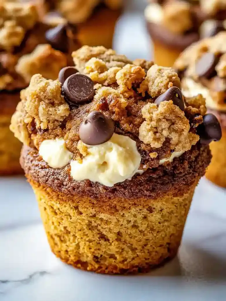 Pumpkin chocolate chip muffin with streusel topping on marble surface.