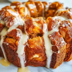 Pumpkin cream cheese monkey bread drizzled with rich glaze on marble.