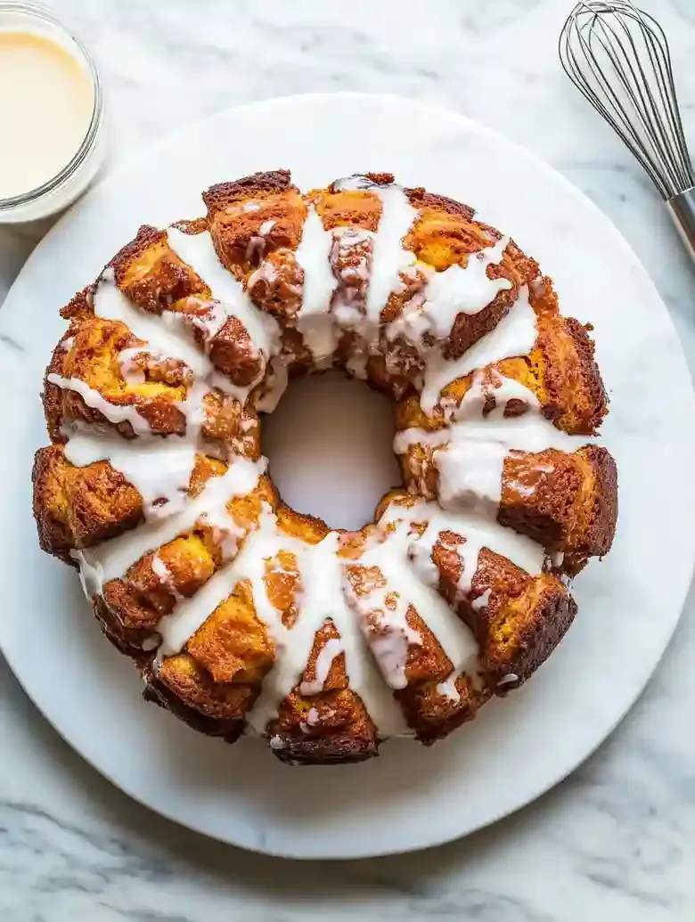 Pumpkin cream cheese monkey bread on a white platter with glaze.