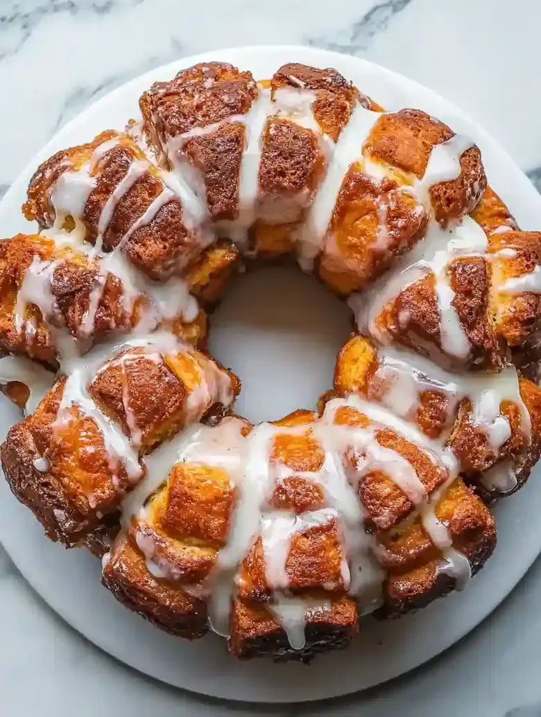 Golden-brown monkey bread with white glaze on a marble surface.