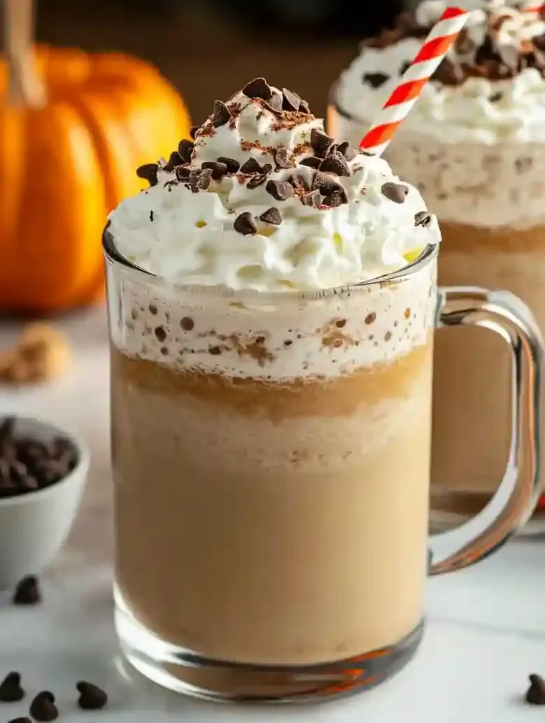 Pumpkin cream frappuccino in a glass mug, topped with whipped cream and chocolate.