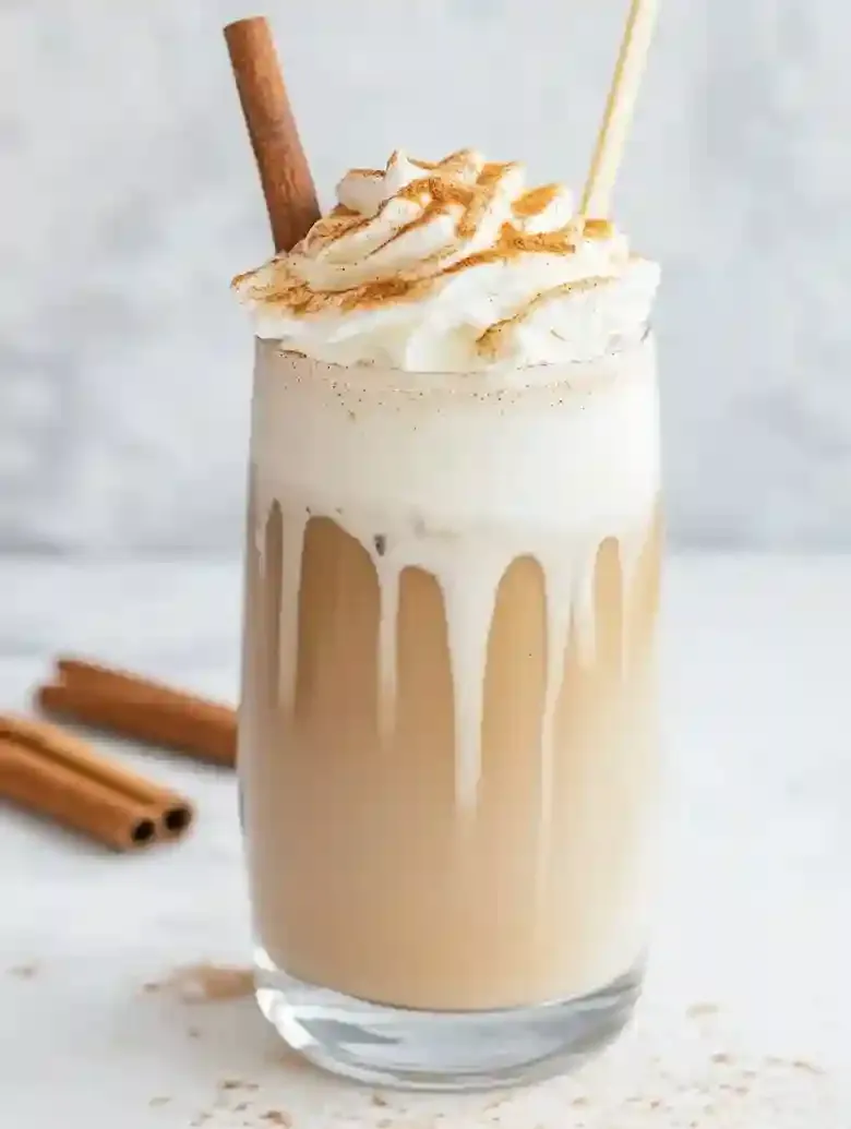 Iced beverage topped with whipped cream, cinnamon stick, on marble surface.