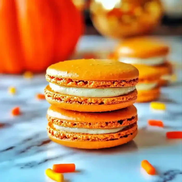 Pumpkin macaron with orange shell and sprinkles on marble surface.