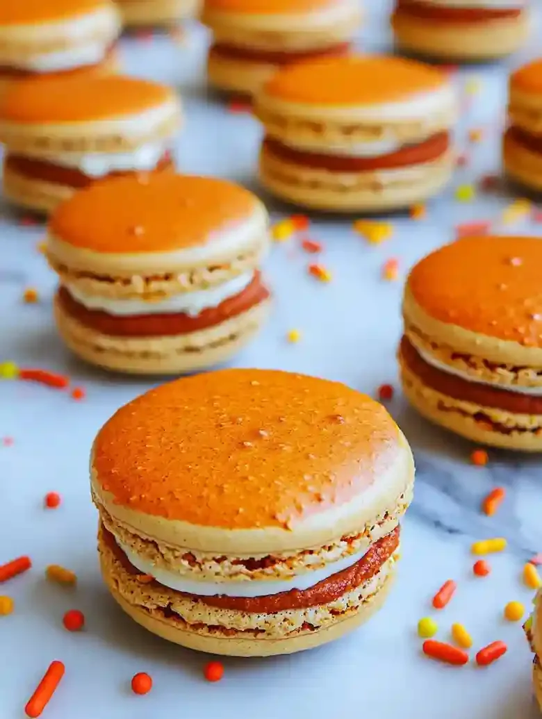Vibrant orange pumpkin macarons with sprinkles on marble surface.