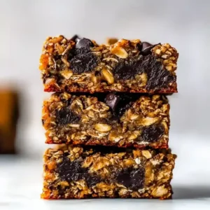 Stacked pumpkin chocolate chip oatmeal bars on a marble surface.