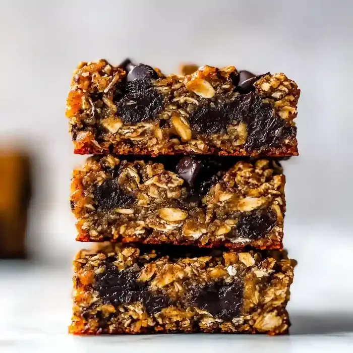 Stacked pumpkin chocolate chip oatmeal bars on a marble surface.
