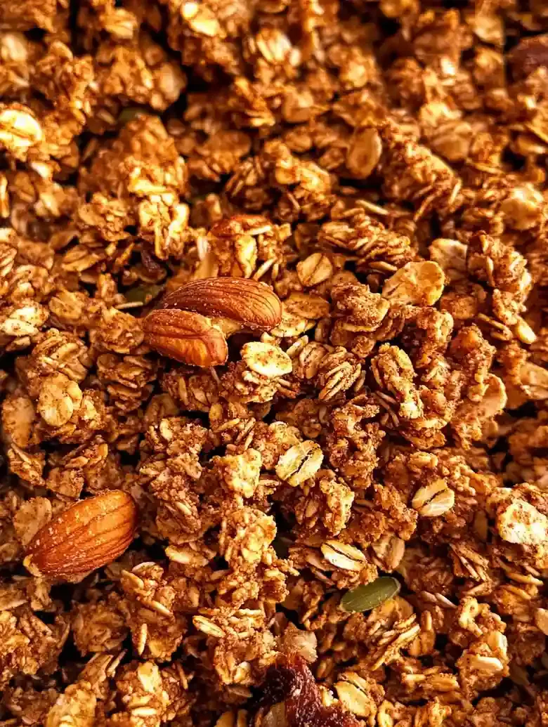 Golden-brown granola clusters of oats, walnuts, and pumpkin seeds on marble.